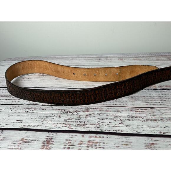 Vtg Mens Brown Agate Genuine Leather Tooled Oval Buckle Belt Size 34 Made in USA - Picture 8 of 11